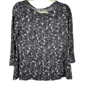 LOFT Gray with Pink White Floral Design Babydoll Top Small